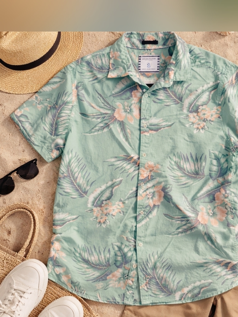 Denim & Flower Tropical Hawaiian Shirt XL Mint Green Floral Button Up